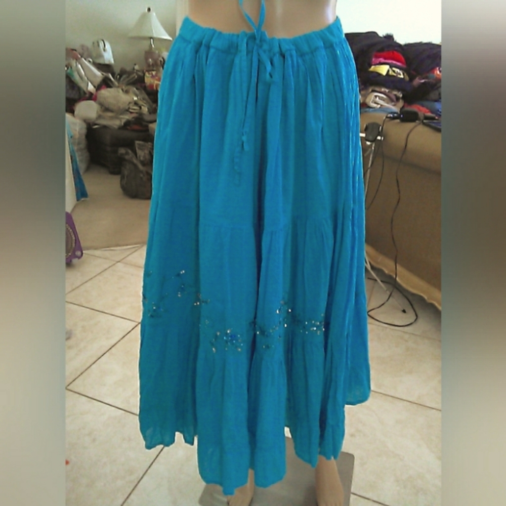 BNWOT TOKYO Blue A-Line Tiered Maxi Skirt W/ BEADS/ SEQUINS SZ.SM DRAWSTRING